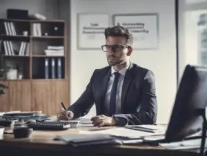 Freelance solicitor at a desk reviewing documents